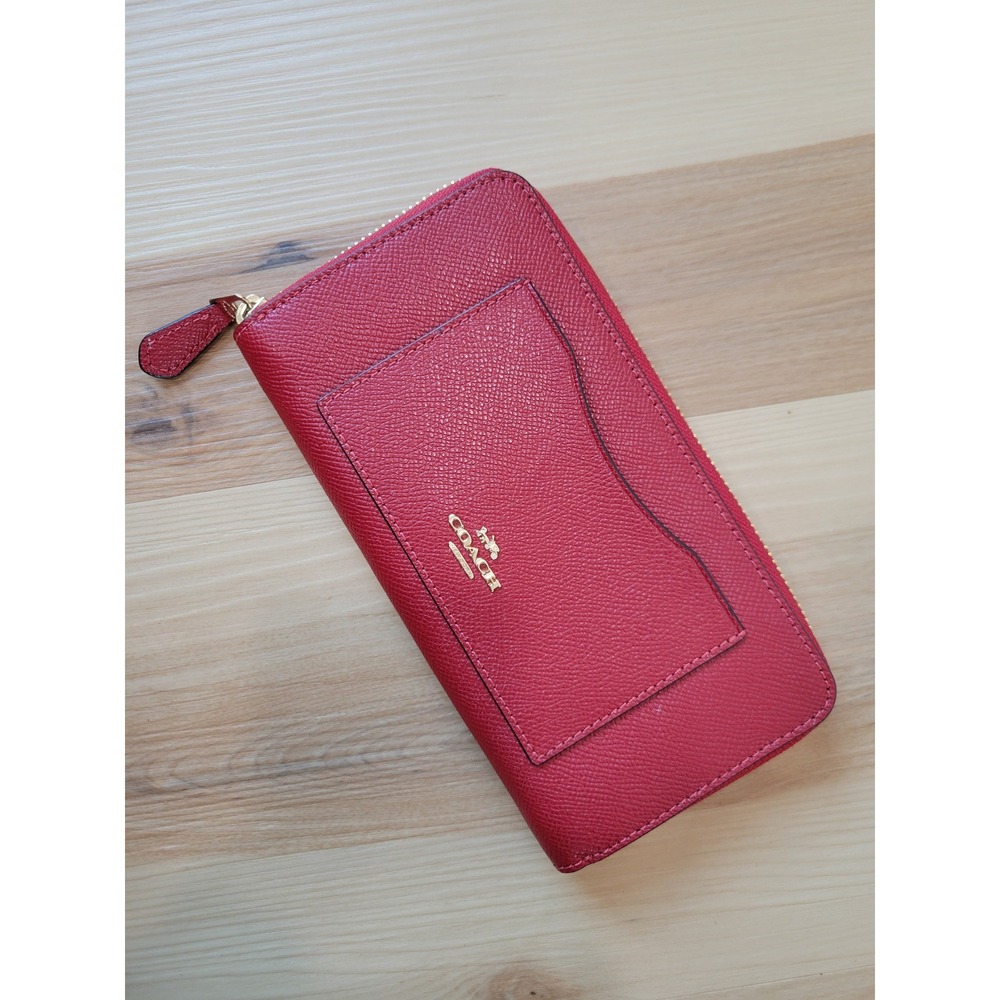 Coach New York Pebbled Leather Zip Around Wallet Red Long Wallet Wristlet